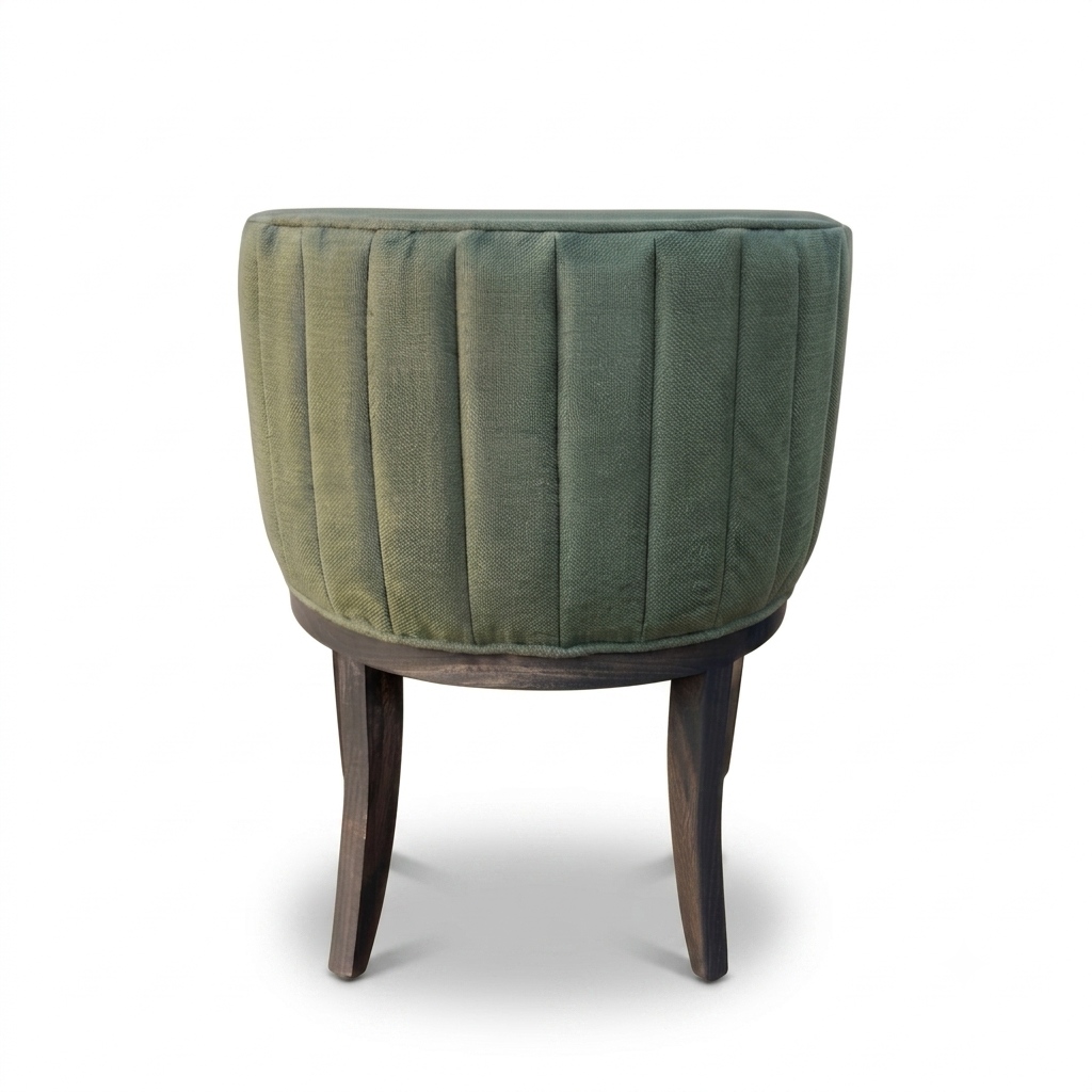 Ribbed Tub Chair in olive green fabric with solid timber legs - rear view