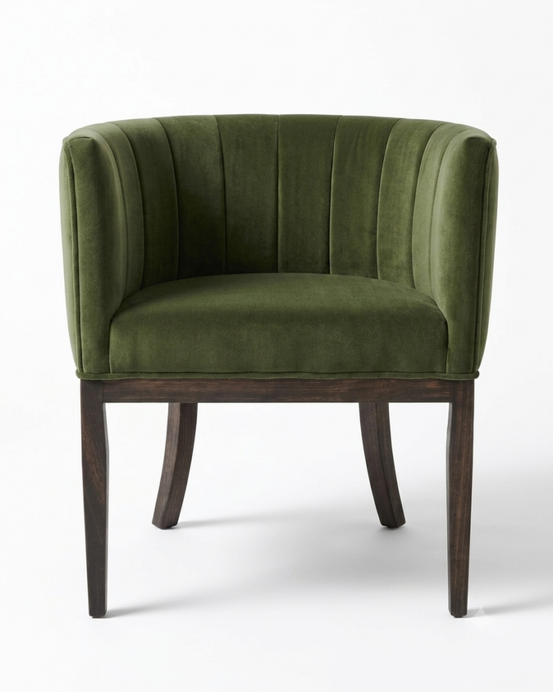 Ribbed Tub Chair in olive green fabric with solid timber legs - front view