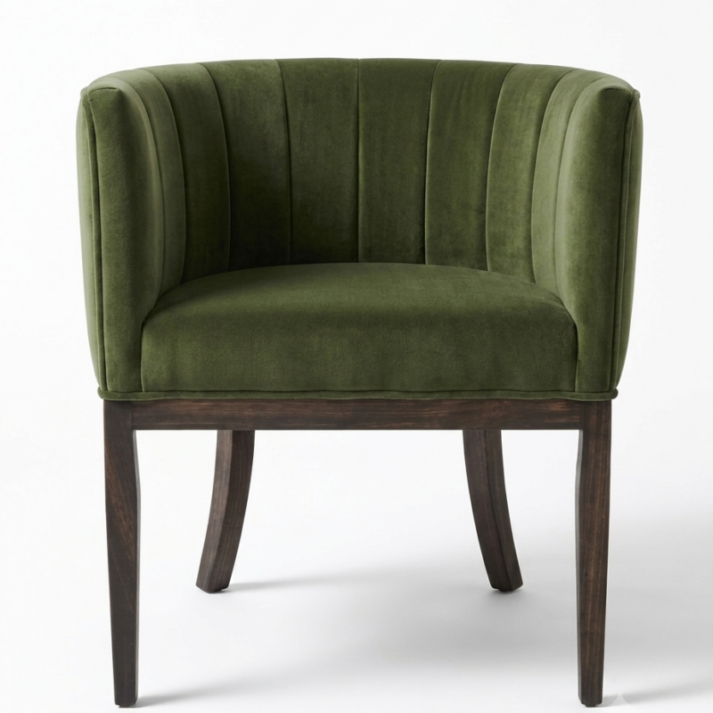 Ribbed Tub Chair in olive green fabric with solid timber legs - front view
