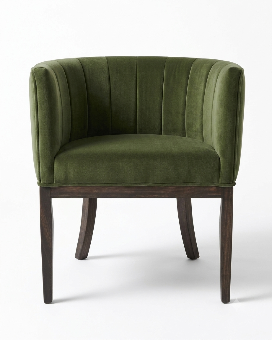 Ribbed Tub Chair in olive green fabric with solid timber legs - front view