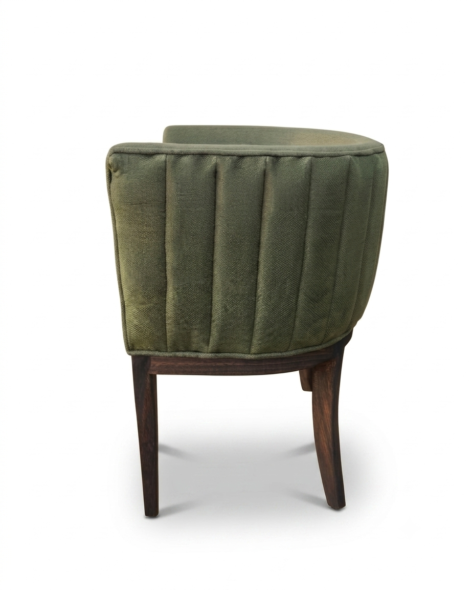 Ribbed Tub Chair in olive green fabric with solid timber legs - side view