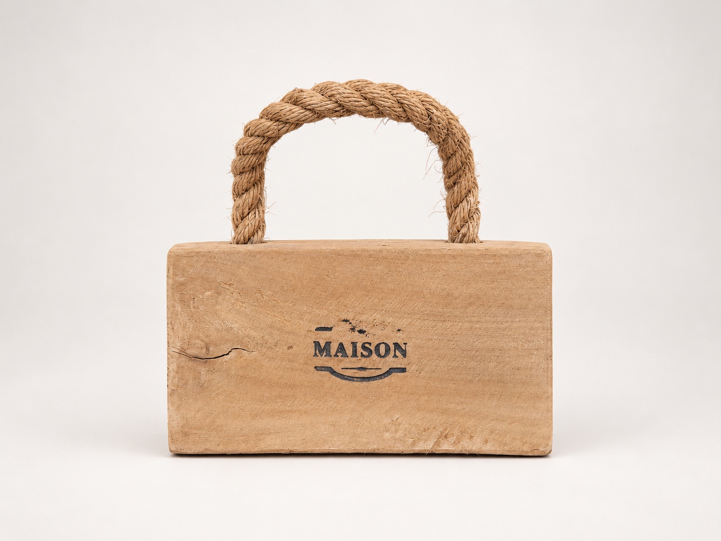Rustic Wooden Doorstop with Rope Handle Large - Front View