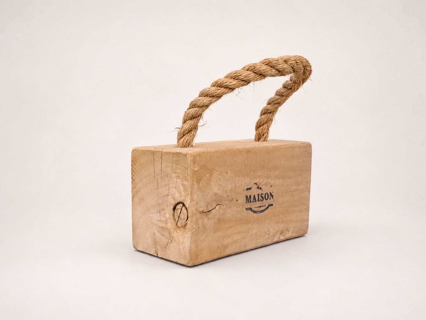 Rustic Wooden Doorstop with Rope Handle Large - Product View