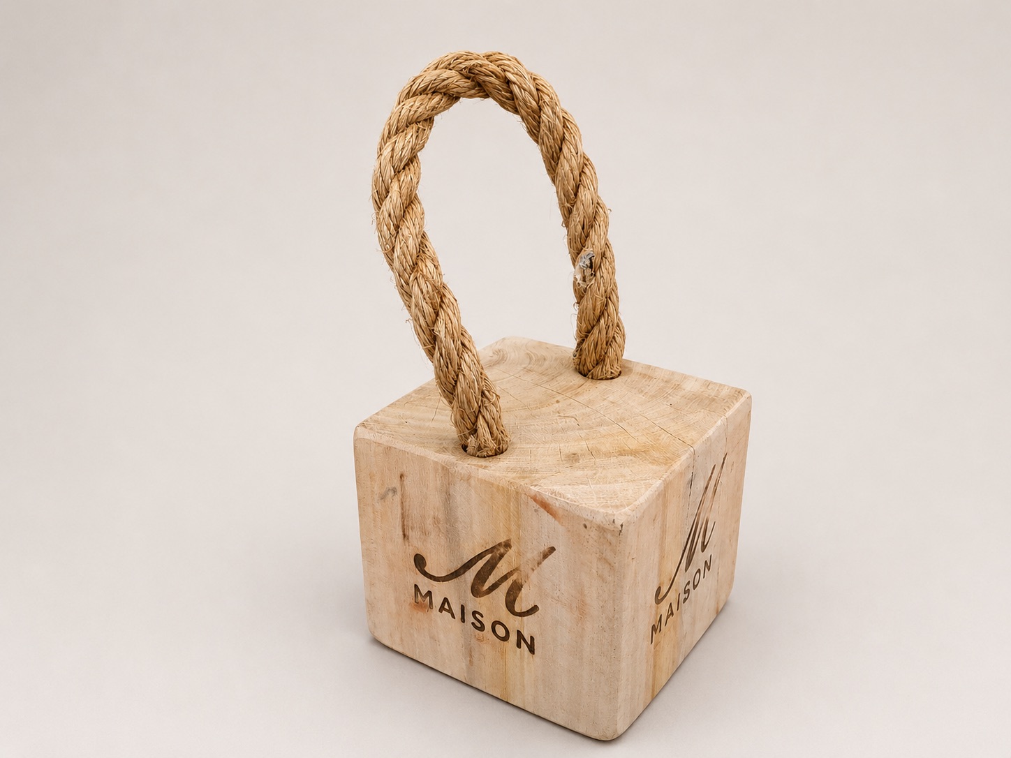 Rustic Wooden Doorstop with Rope Handle Small - Detail View