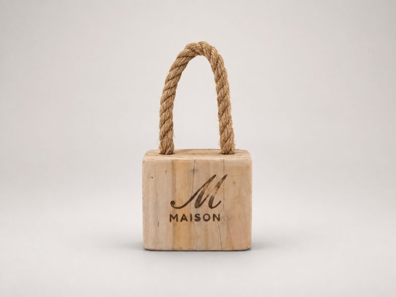 Rustic Wooden Doorstop with Rope Handle Small - Front View