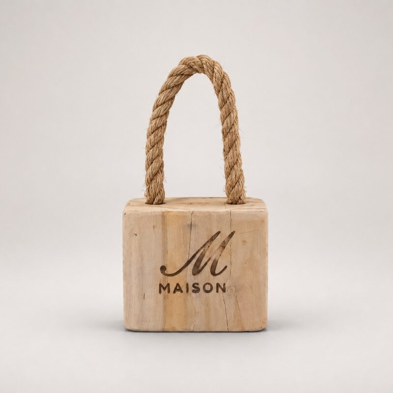 Rustic Wooden Doorstop with Rope Handle Small - Front View