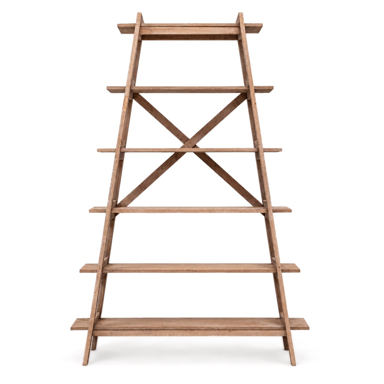 A-Frame Bookcase in Natural, front view showing six graduated shelves and an X-shaped cross brace
