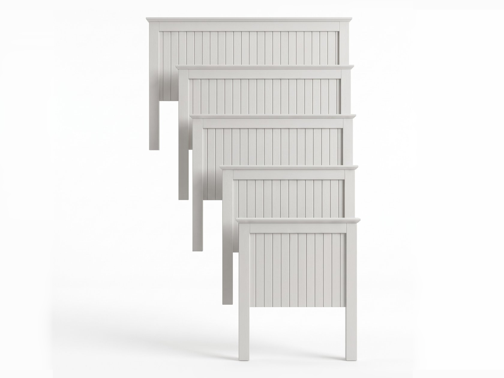 White Cleveland Headboard shown in five sizes, with vertical panelling and a moulded top rail
