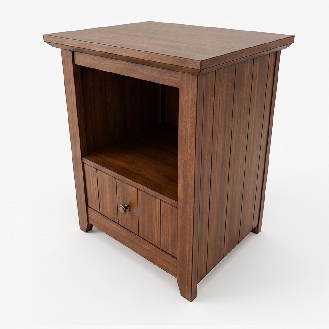 Mahogany Cleveland Pedestal at an angle, showing the panelled side, open compartment and drawer