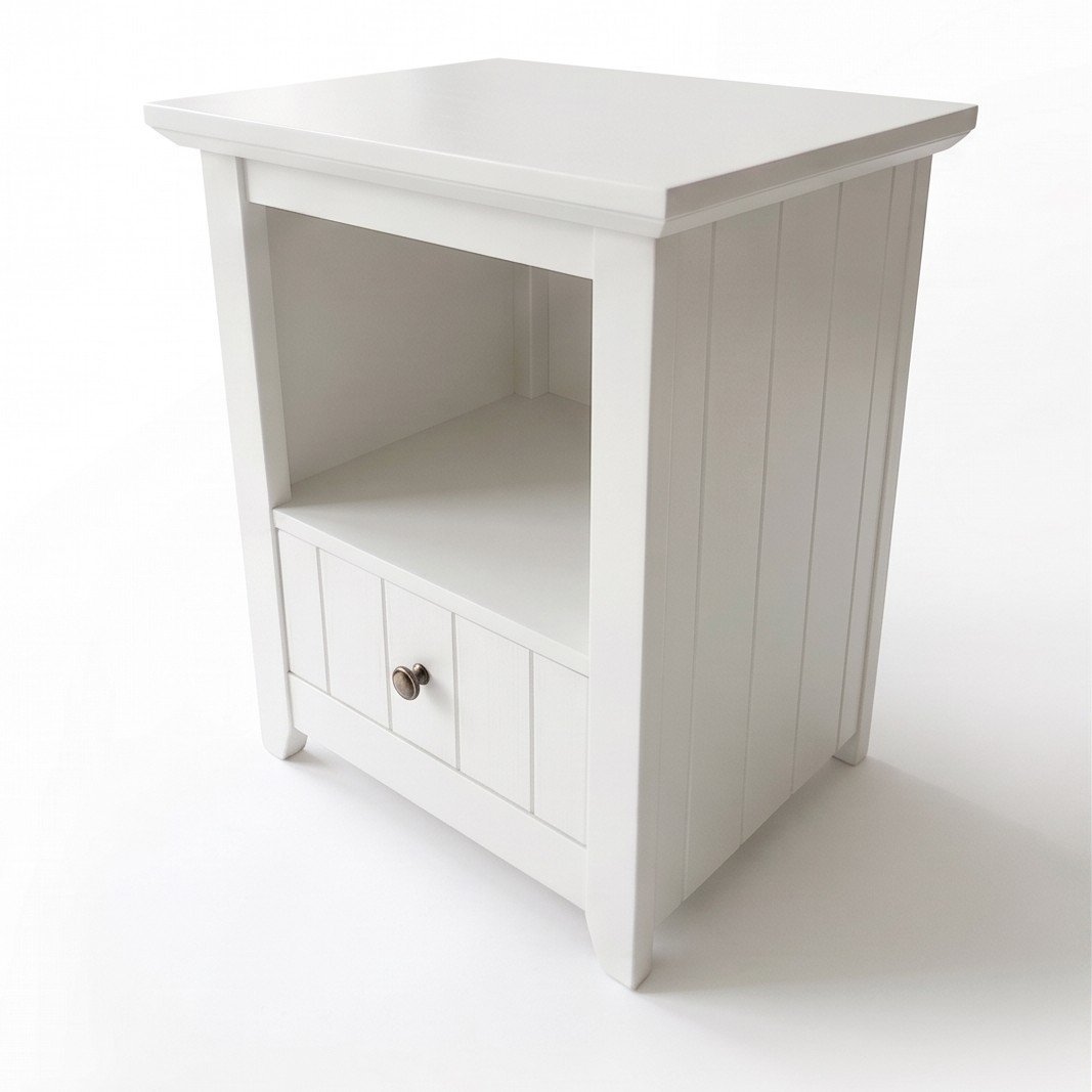 White Cleveland Pedestal at an angle, showing the panelled side, open compartment and drawer