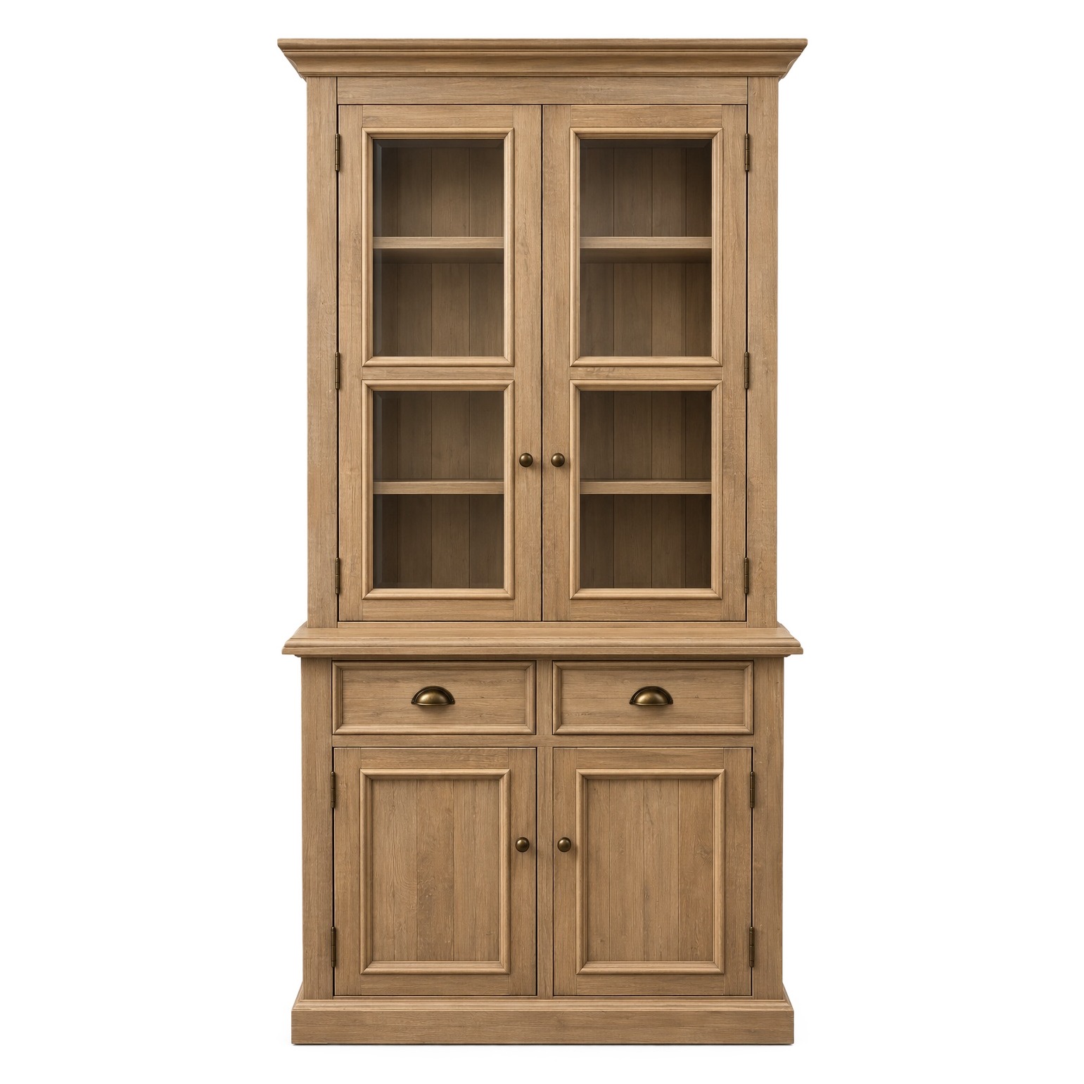 Manorhouse Glass Display Cabinet in Natural, front view: two glazed doors above two drawers and two panelled cupboard doors