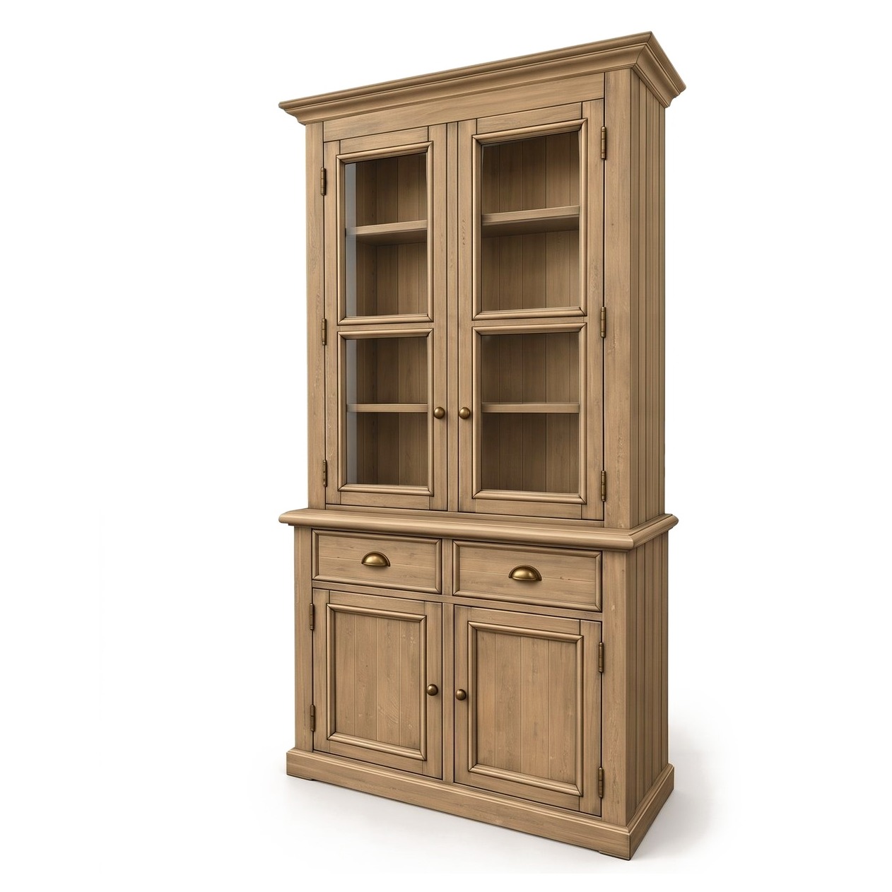 Manorhouse Glass Display Cabinet in Natural, three-quarter view showing the cornice, panelled side and plinth base