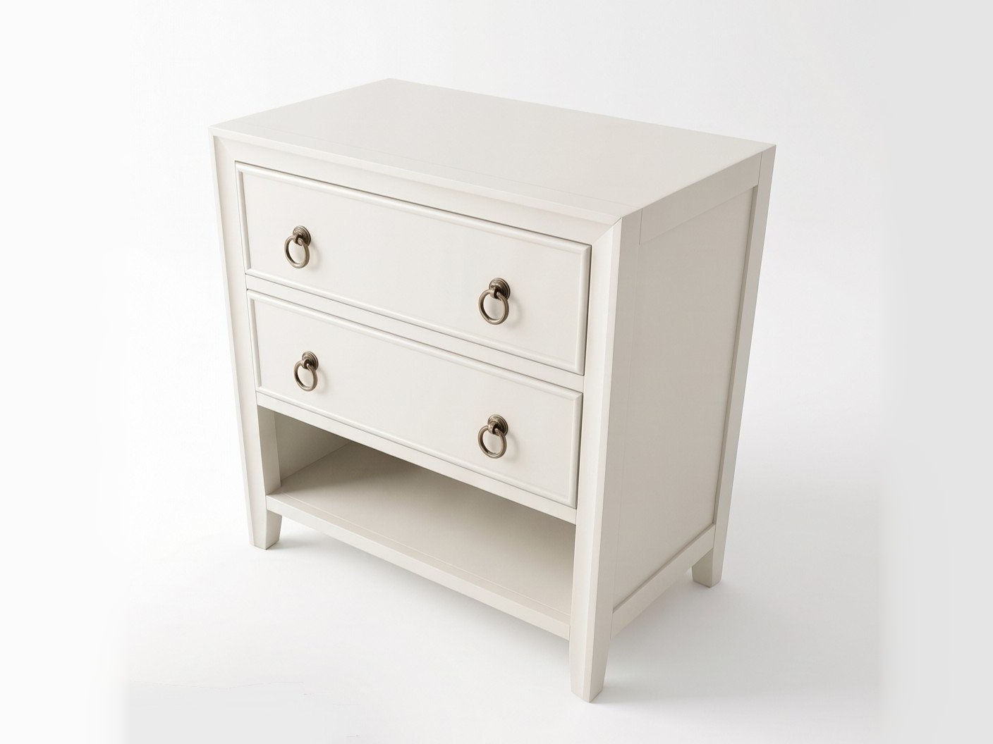 White Paris Pedestal with two drawers and an open lower shelf, angled view showing the chamfered front