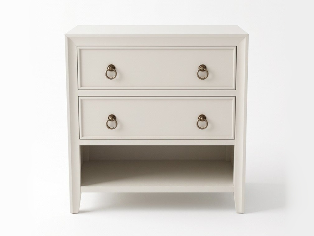 White Paris Pedestal with two drawers, antique brass ring pulls and an open lower shelf, front view